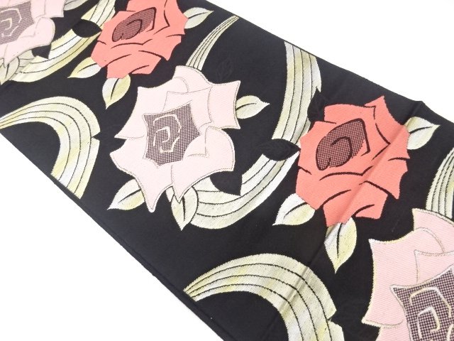 JAPANESEKIMONO / ANTIQUE ANTIQUE NAGOYA OBI WOVEN ROSE PATTERN RUNNING